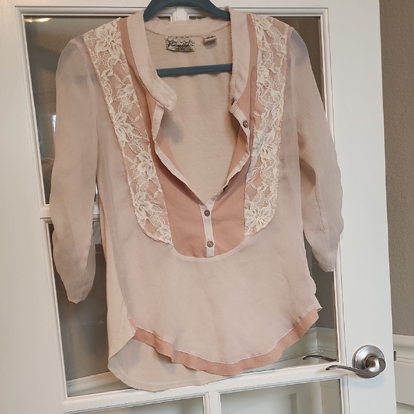 Women's Lace Trim Blouse - Pink - Picture 1 of 7